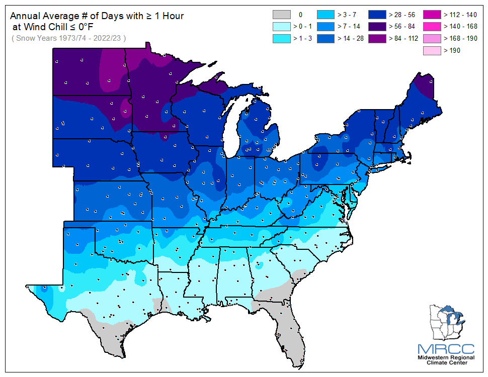 Average Number of Days Wind Chill was less than or equal to 0 degrees