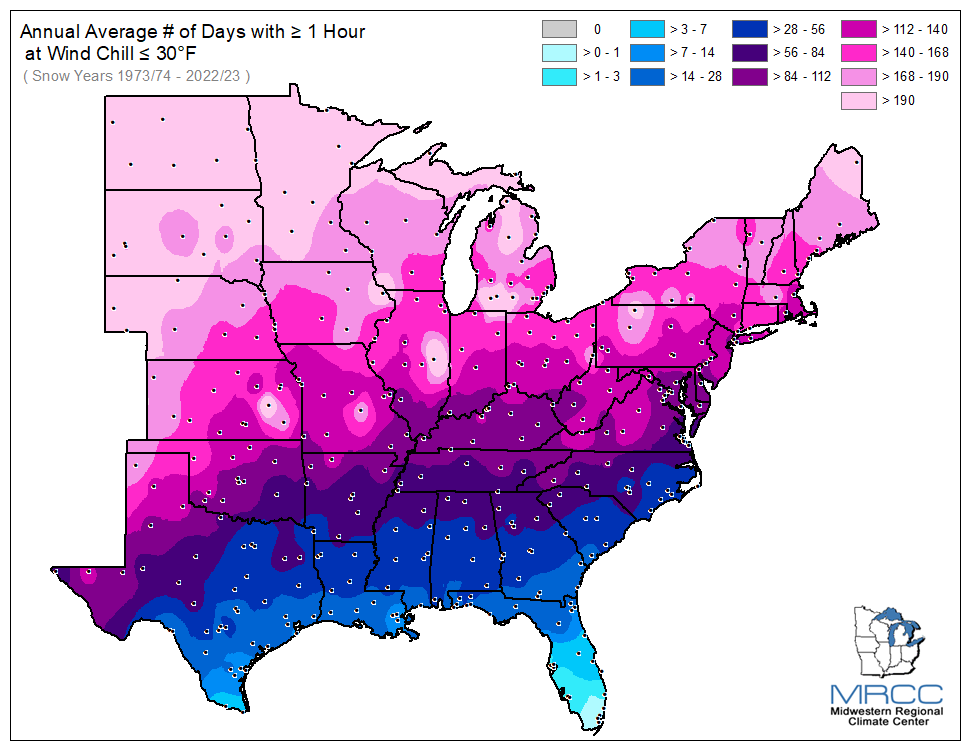 Average Number of Days Wind Chill was less than or equal to 30 degrees