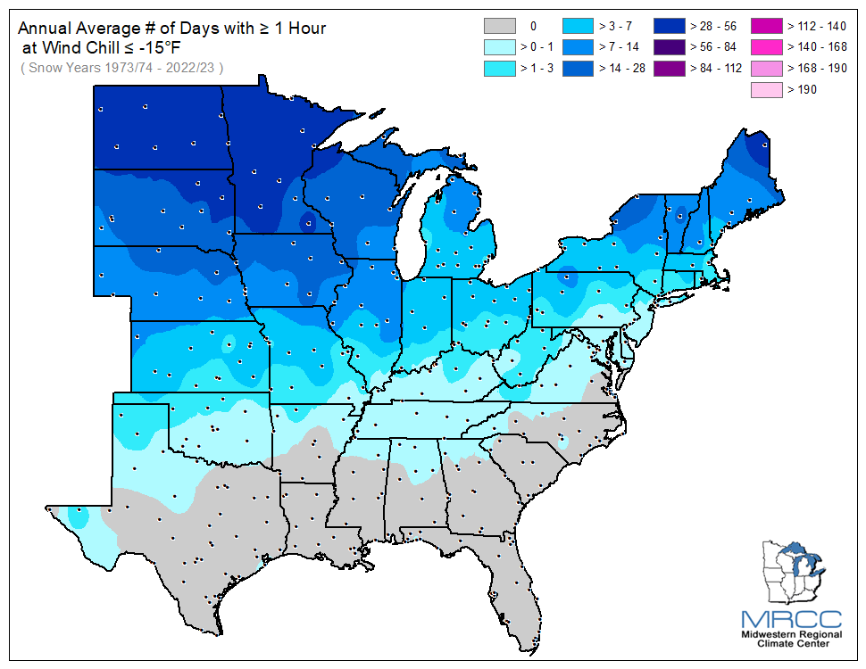 Average Number of Days Wind Chill was less than or equal to -15 degrees