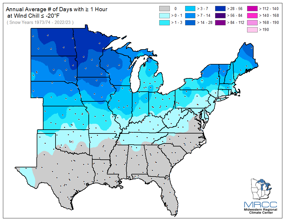 Average Number of Days Wind Chill was less than or equal to -20 degrees