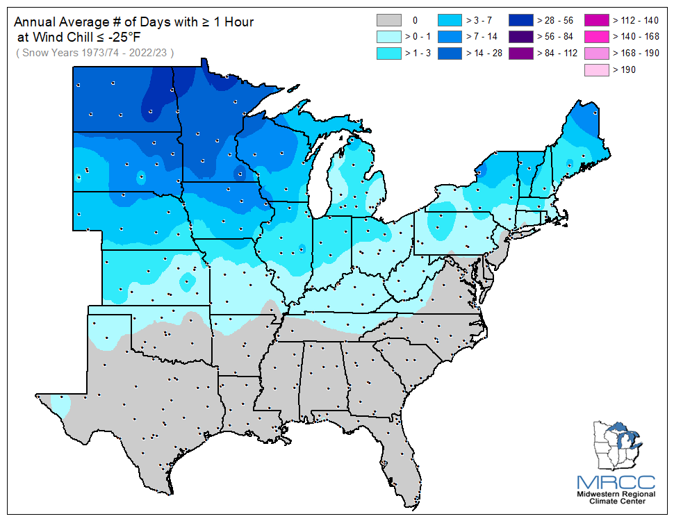 Average Number of Days Wind Chill was less than or equal to -25 degrees