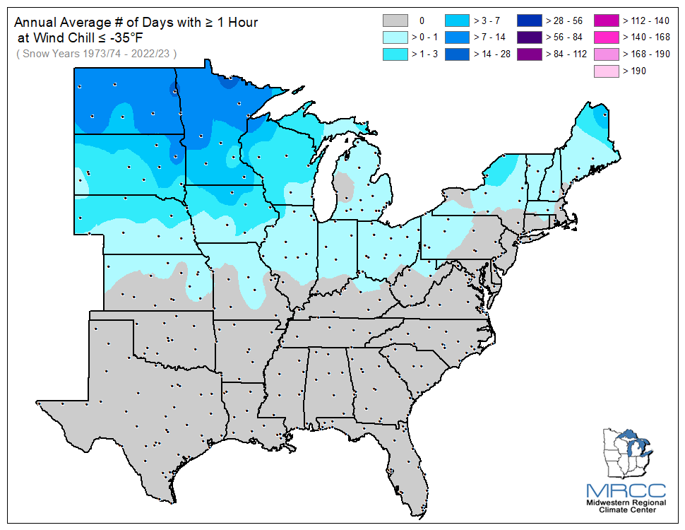 Average Number of Days Wind Chill was less than or equal to -35 degrees