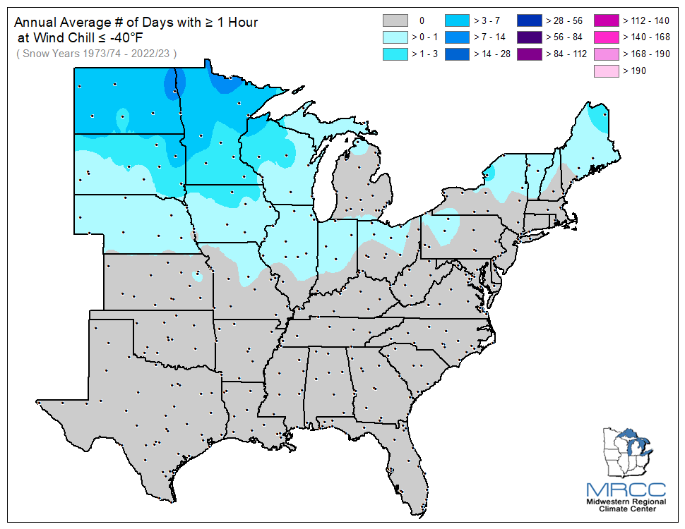 Average Number of Days Wind Chill was less than or equal to -40 degrees