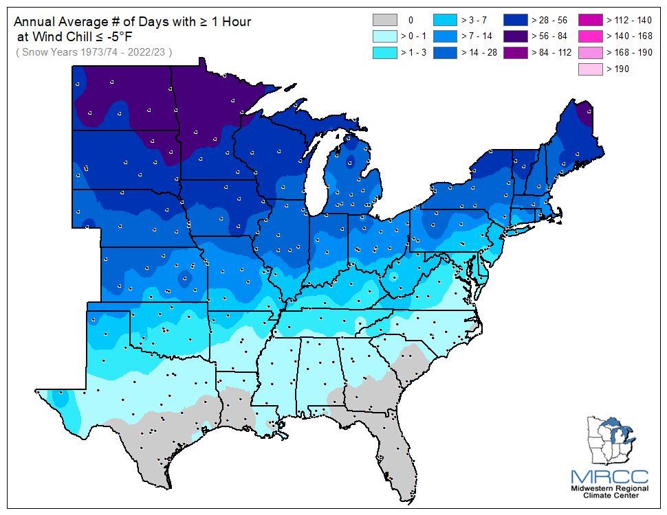 Average Number of Days Wind Chill was less than or equal to -5 degrees