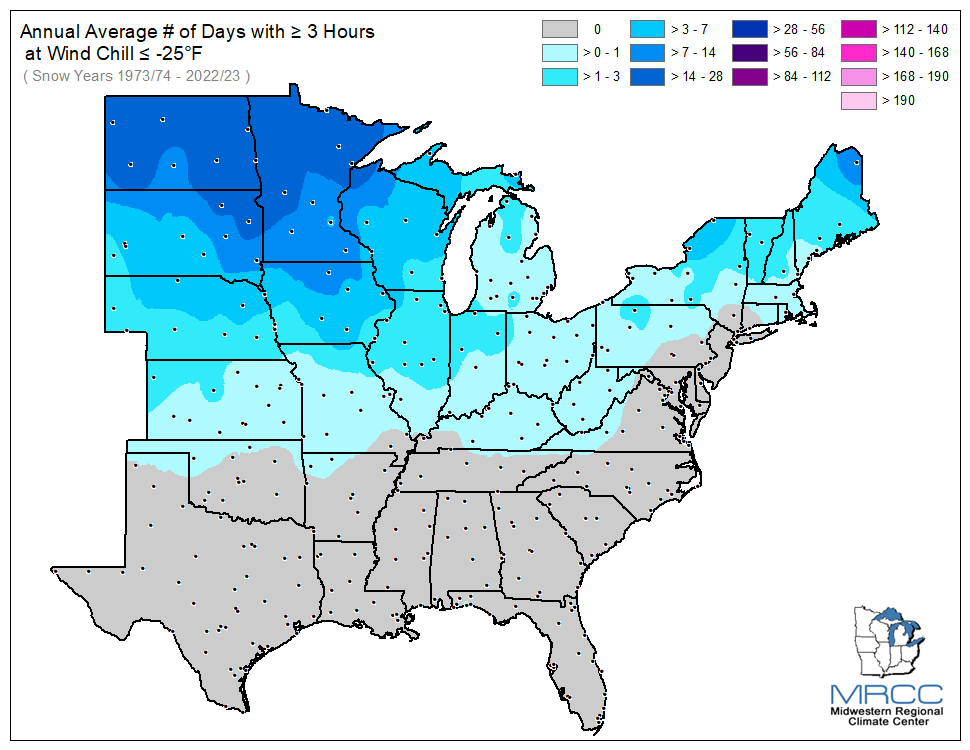 Average Number of Days Wind Chill was less than or equal to -25 degrees for 3 or more hours