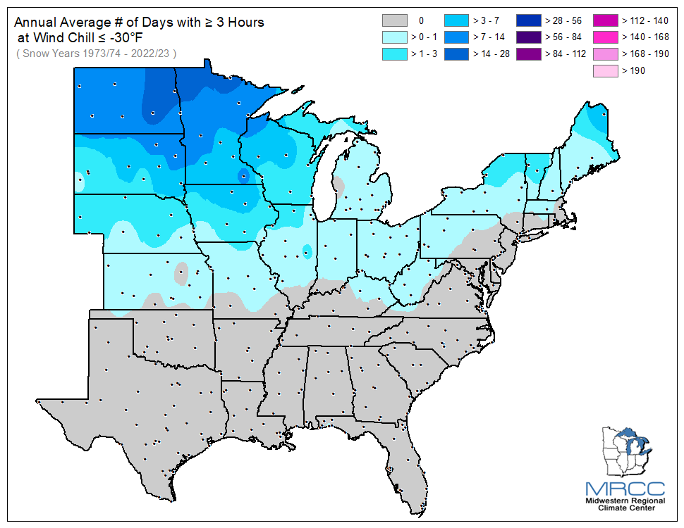 Average Number of Days Wind Chill was less than or equal to -30 degrees for 3 or more hours