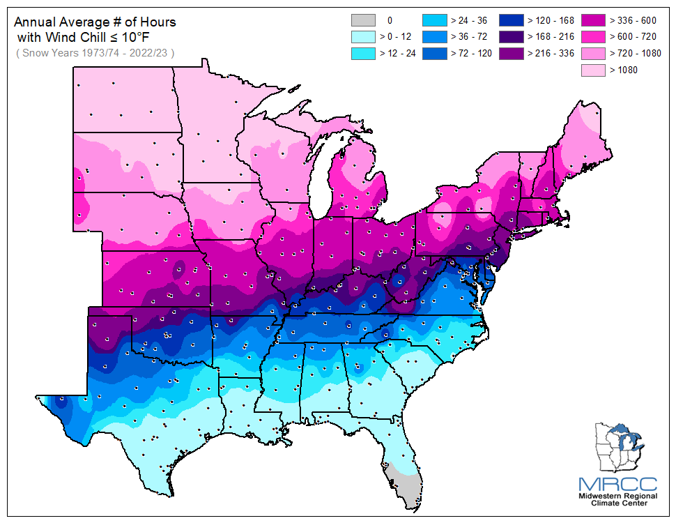 Average Number of Hours Wind Chill was less than or equal to 10 degrees