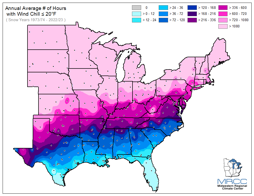 Average Number of Hours Wind Chill was less than or equal to 20 degrees