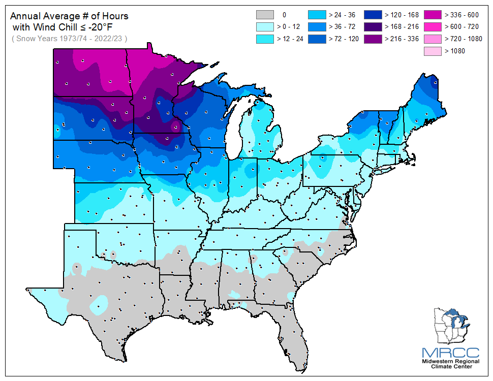 Average Number of Hours Wind Chill was less than or equal to -20 degrees