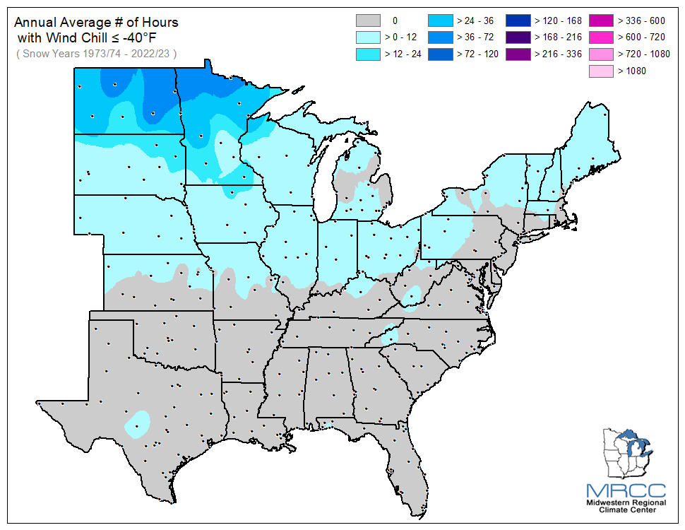 Average Number of Hours Wind Chill was less than or equal to -40 degrees