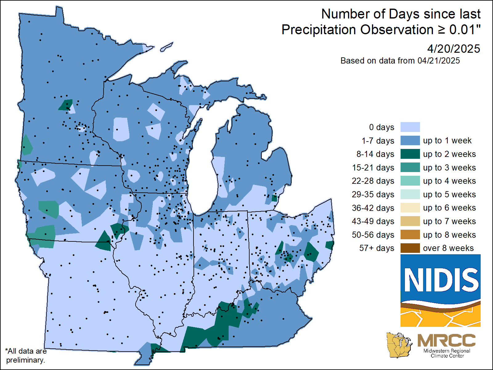 map Number of Days without precipitation greater or equal to 0.01
inch