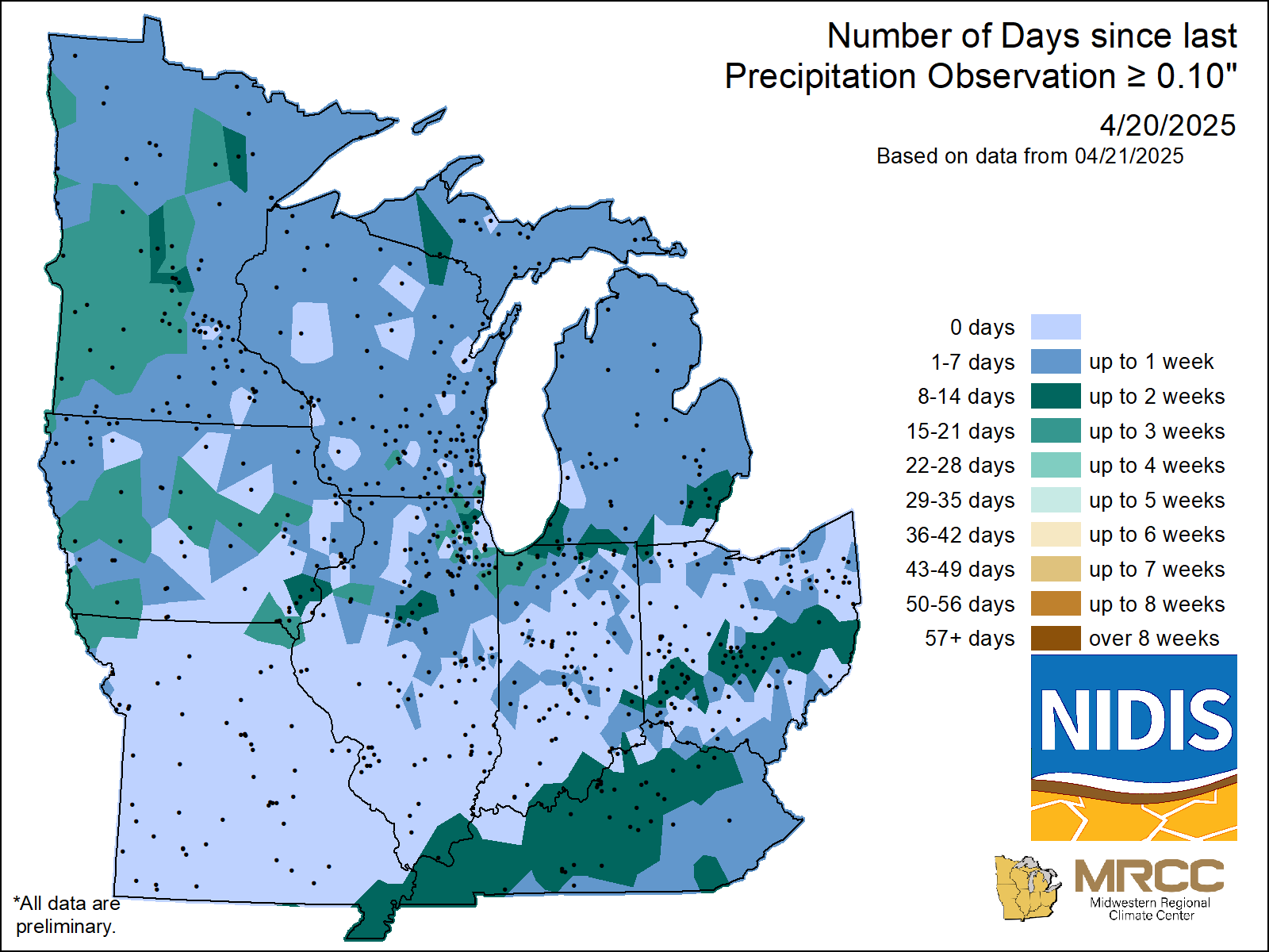 map Number of Days without precipitation greater or equal to 0.10
inch