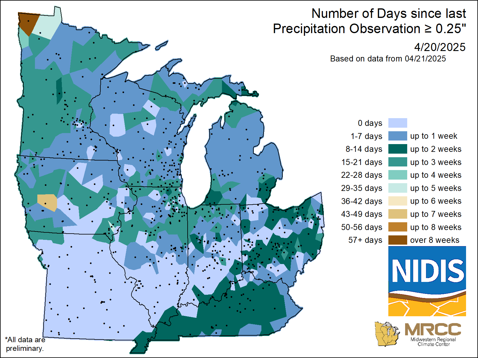 map Number of Days without precipitation greater or equal to 0.25
inch