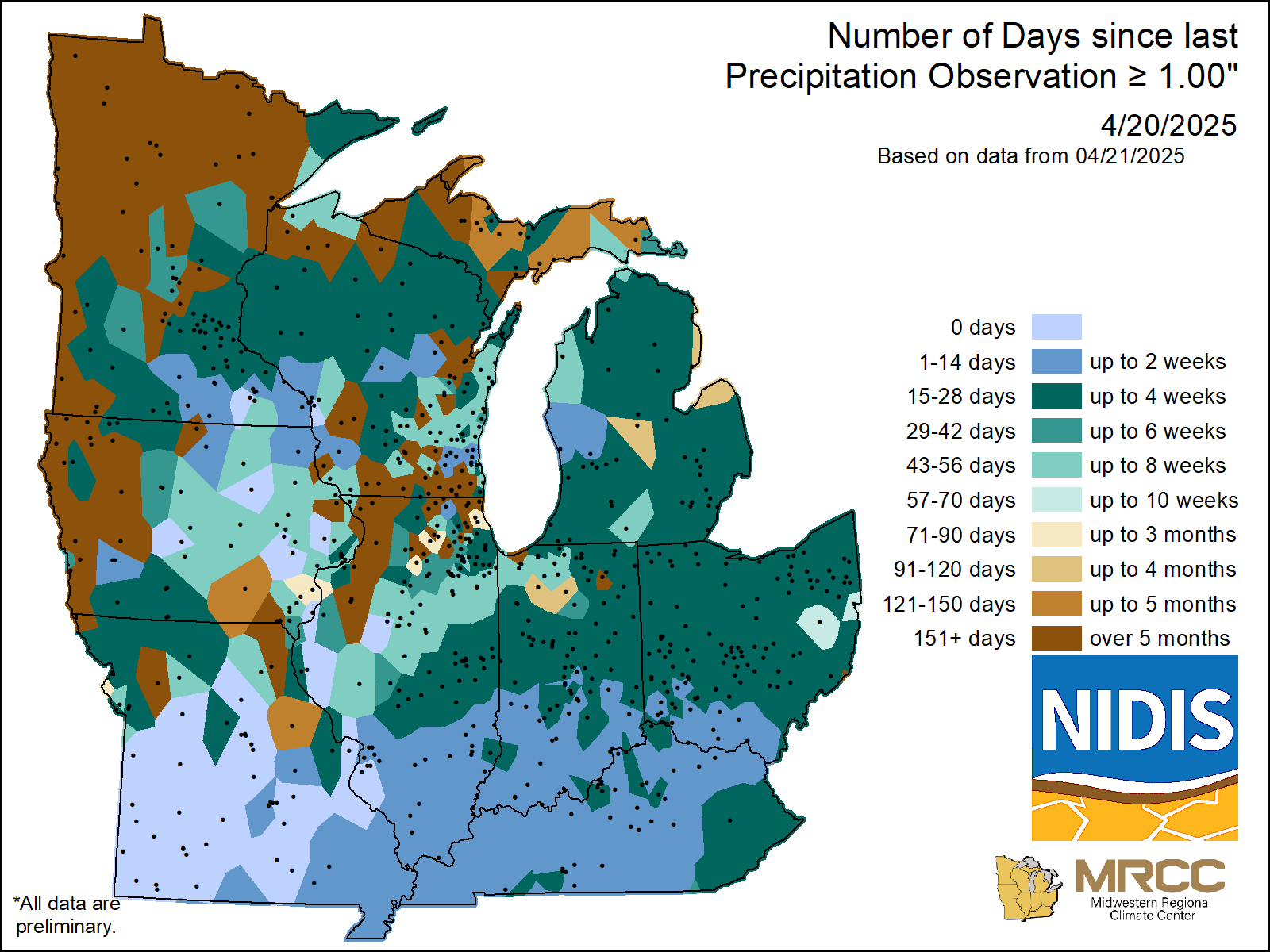 map Number of Days without precipitation greater or equal to 1.00
inch