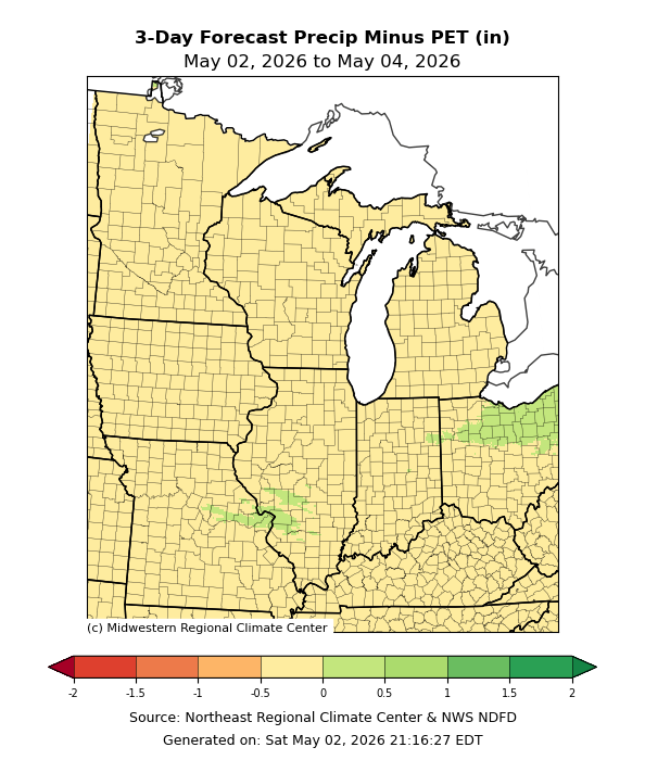 Forecast 3-day precipitation minus potential evapotranspiration map.