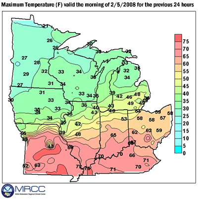 Map of Maximum Temp the morning of 2/5/2008